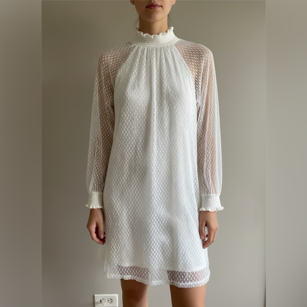 NWT Nina Leonard Dress L Sheer Mock Neck Long Sleeve Dotted Overlay In Ivory - Picture 1 of 10